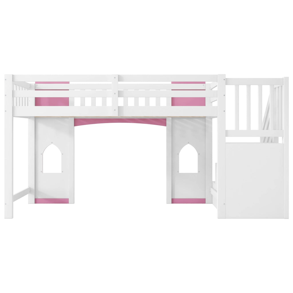 LETTO A SOPPALCO con scala contenitore e finestre 90x200 cm bianco e rosa