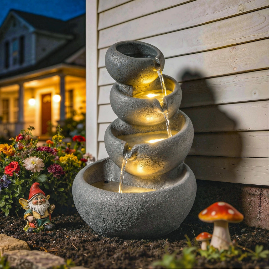 Fontana da giardino a cascata in resina con LED ¨C zephmum ¨C effetto pietra 35x32x50 cm