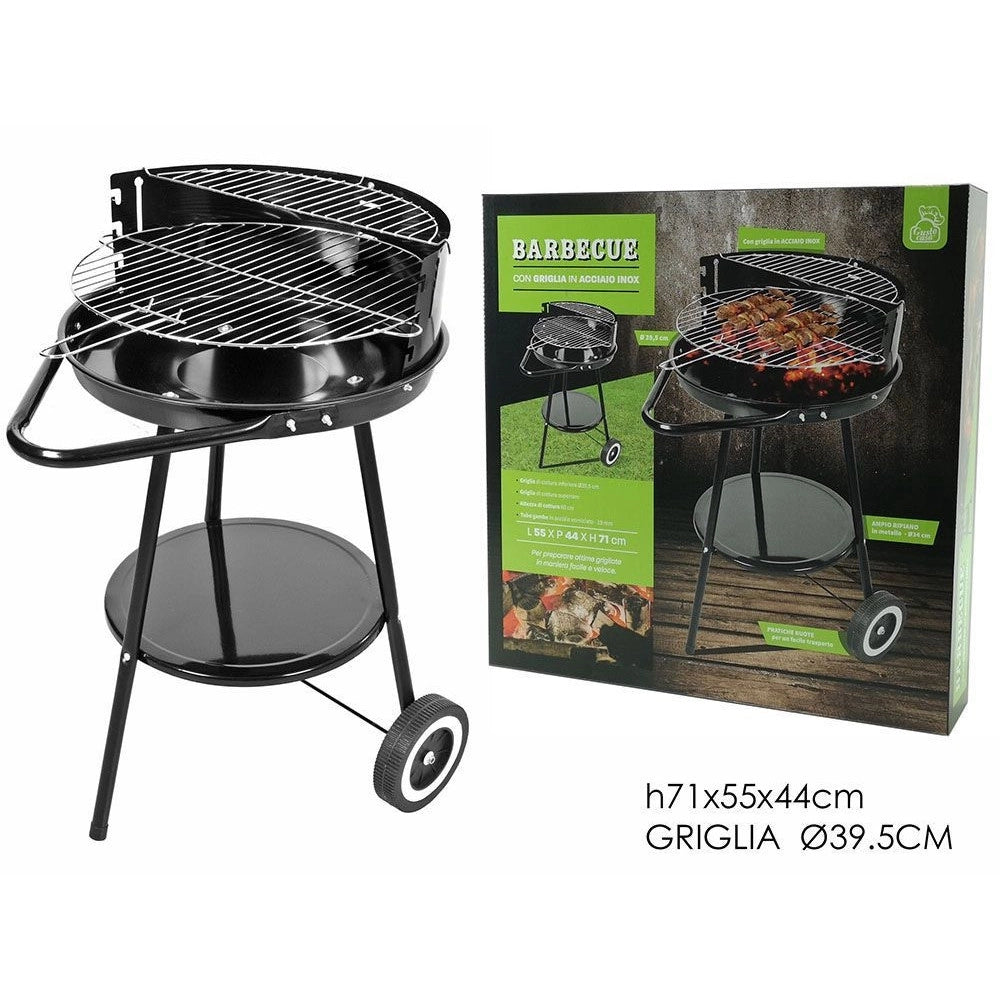 Trade Shop - Barbecue Con Ruote Ripiano Griglia Tonda In Acciaio Fornacella A Carbone Per Carne Pesce -