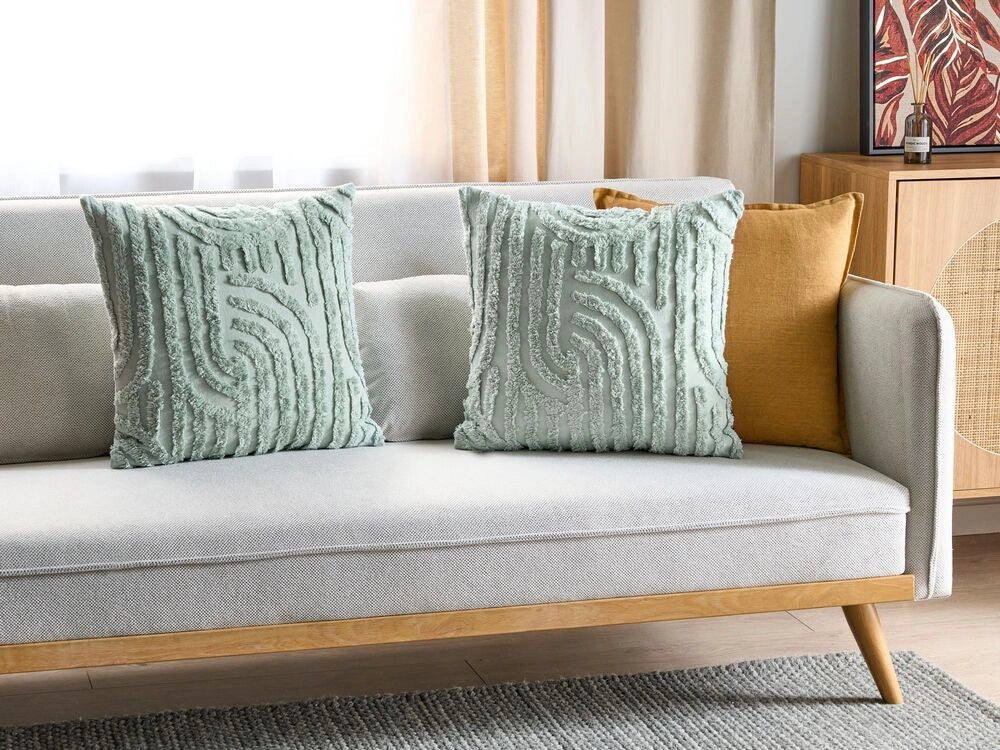 Set di 2 cuscini decorativi verde menta in cotone e poliestere 45 x 45 cm con motivo astratto quadrato, moderno accessorio per la casa.