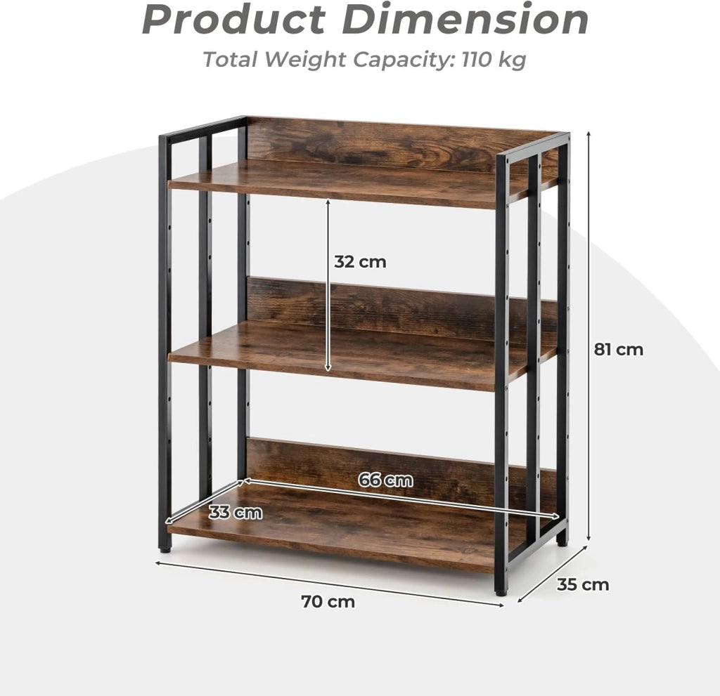 Libreria Scaffale Industriale 3 Ripiani Regolabili con Alette di Protezione, Scaffale Libreria Portaoggetti in Telaio in Metallo, Mensola Multifunzione, 2 Colori, 70 x 35 x 81 cm (Marrone)