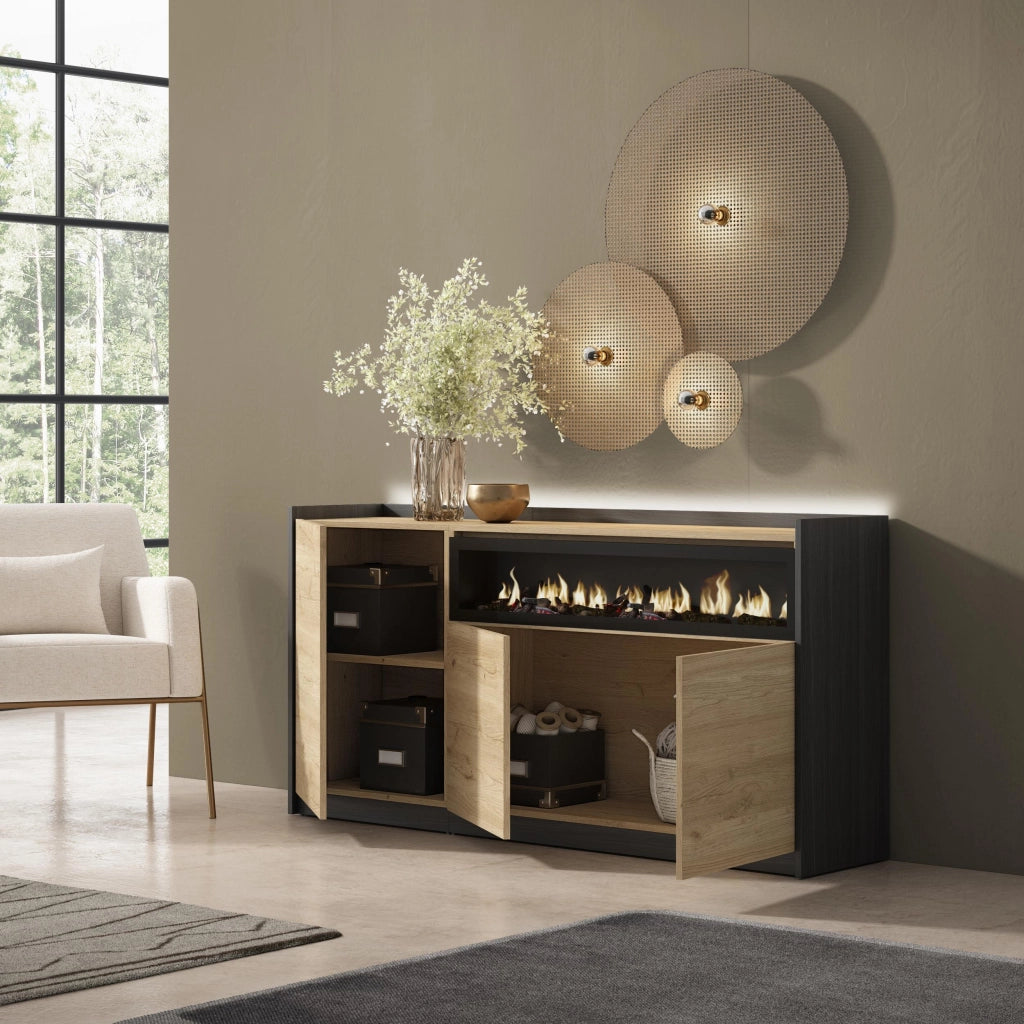 Credenza, Mobile, Cucina, 156x80x37 cm, 3 Porte, Camino elettrico, LED, Rovere e nero