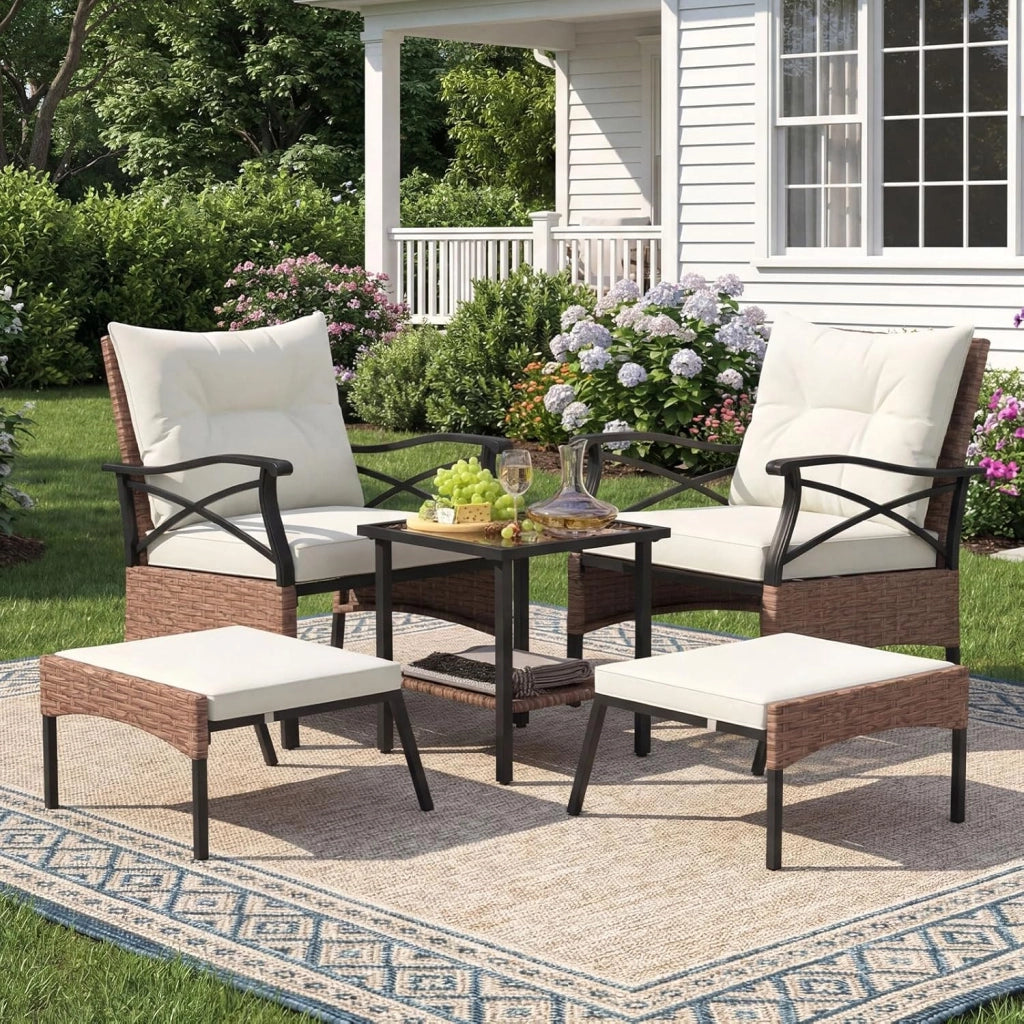 Set di 5 Mobili da Giardino in Rattan, Set Mobili da Esterno con Sedie Poggiapiedi Cuscini e Tavolino in Vetro Temperato a 2 Livelli, Set Conversazione per Portico e Balcone (Beige)