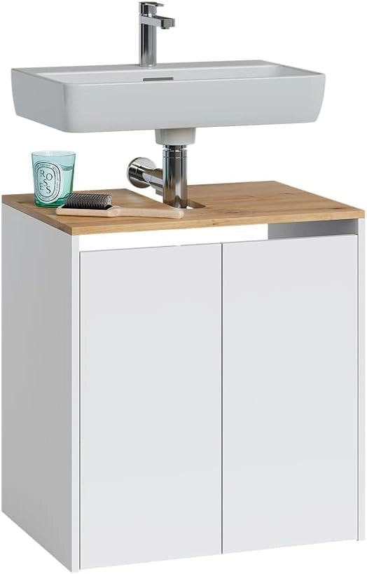 Mobile sottolavabo per bagno Viktor, Bianco/Artisan, 60.2 x 65 cm, con foro per sifone e ripiano interno regolabile in altezza