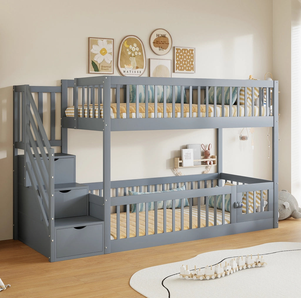 Letto a Castello per Bambini 90x200 cm in Legno con Scala Sicura e Cassetti, Grigio e Bianco