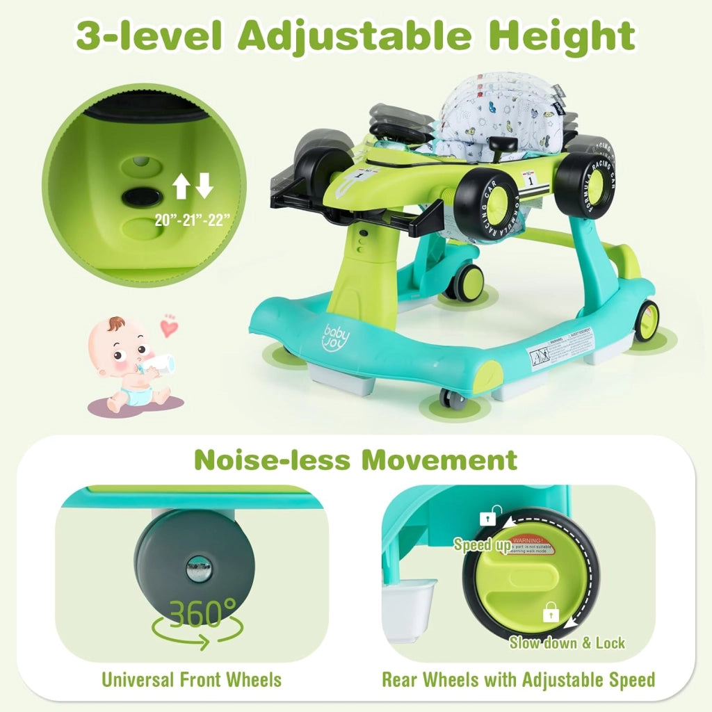 Girello per Bambini 6-18 Mesi, Baby Walker 4 in 1 con Musica e Luci, Primi Passi Piegevole e Portatile, Altezza e Velocità Regolabili, Carrello da Spinta, Forma di Macchinina (Blu + Verde)