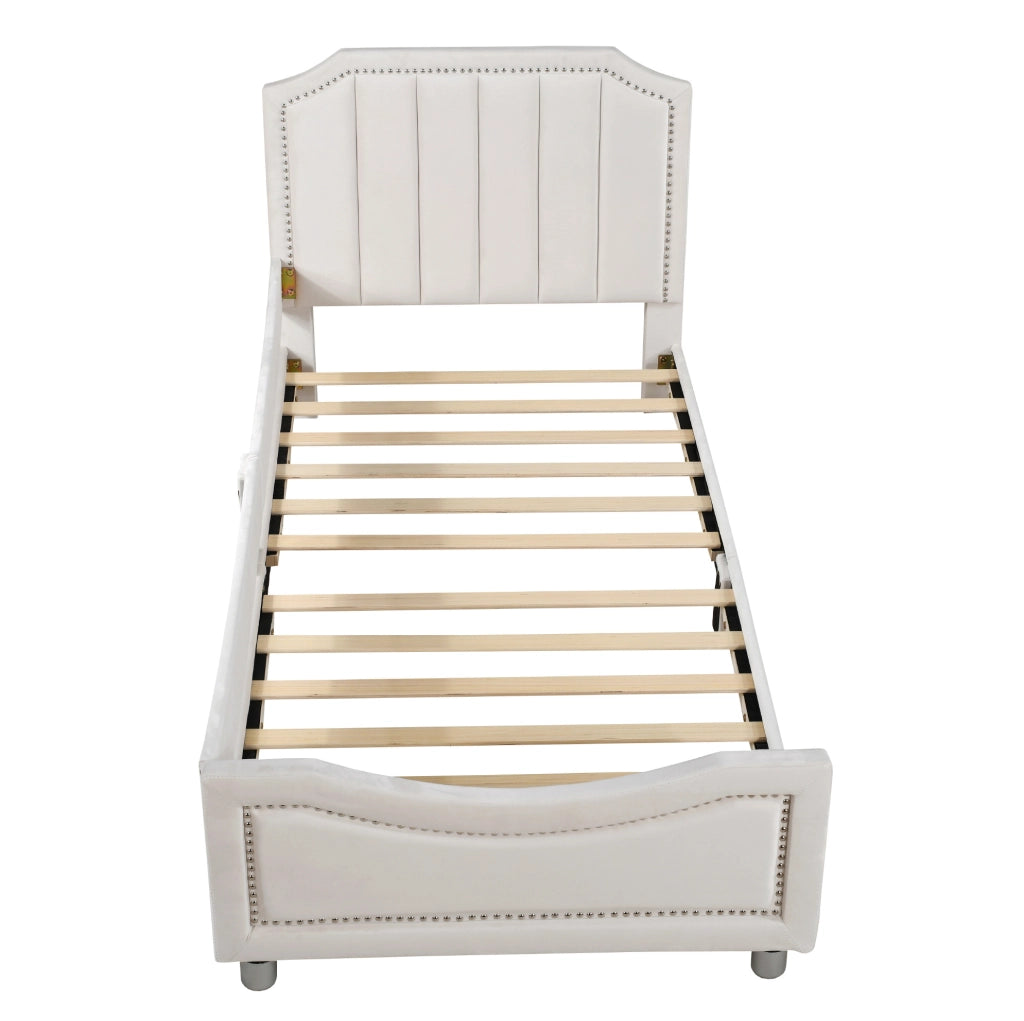 Letto imbottito per bambini 211x94;5x41;5 cm in flanella beige con rete a doghe