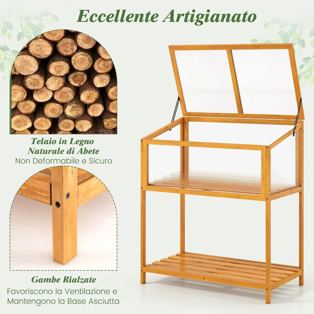 Mini Serra in Legno con Tetto Trasparente Apribile e Mensola a Doghe, Mini Serra Salvaspazio da Interno ed Esterno per Giardino, Veranda e Balcone, 90 x 50,5 x 105 cm