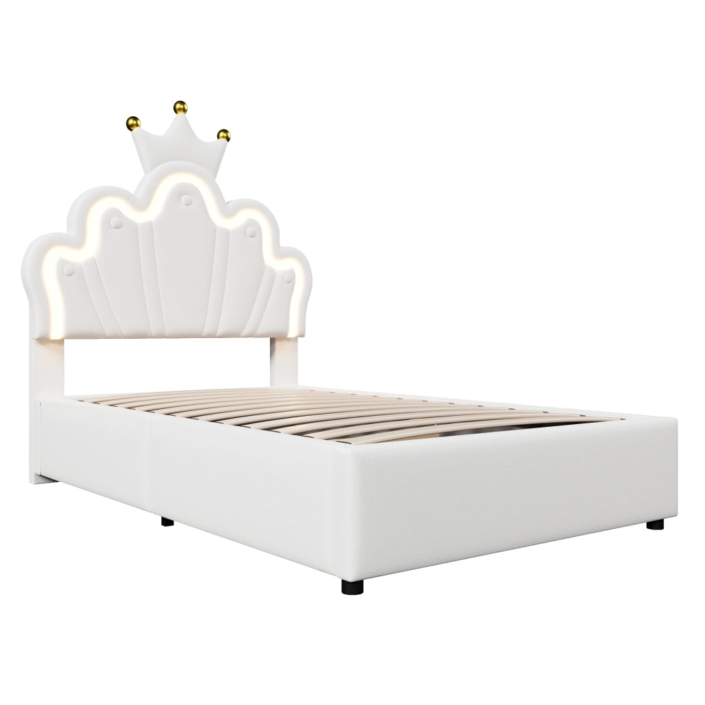 OKWISH Letto Contenitore 90×200 cm, Letto Singolo con LED Multicolore, Testiera Regolabile e Apertura Idraulica, senza Materasso, PU Bianco