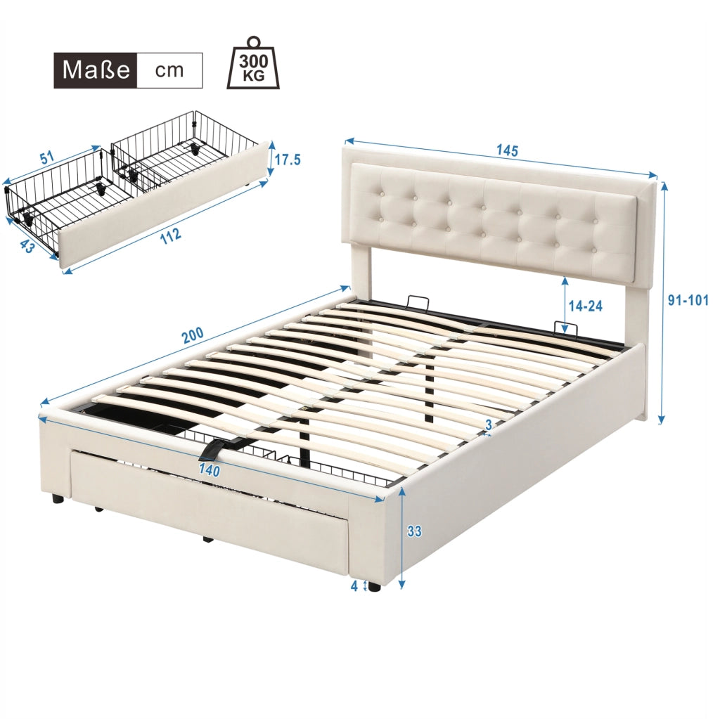 Letto matrimoniale; con testiera regolabile e spazio contenitore; velluto beige
