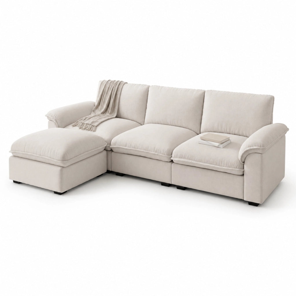 Divano angolare a 4 posti in chenille beige con ottomana spostabile e cuscini 260 × 154 × 86 cm
