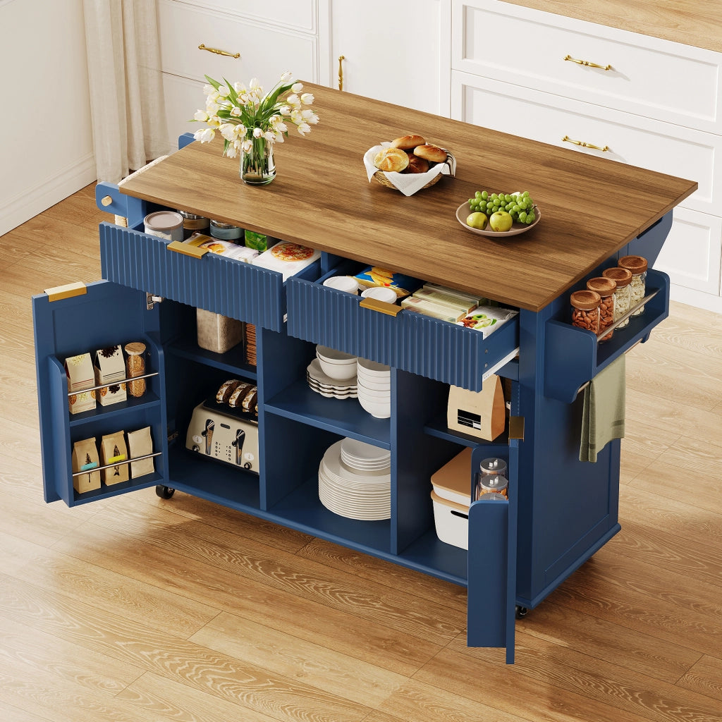 Isola da cucina su ruote con piano ribaltabile, 2 cassetti, 2 ante e porta spezie, colore blu e legno