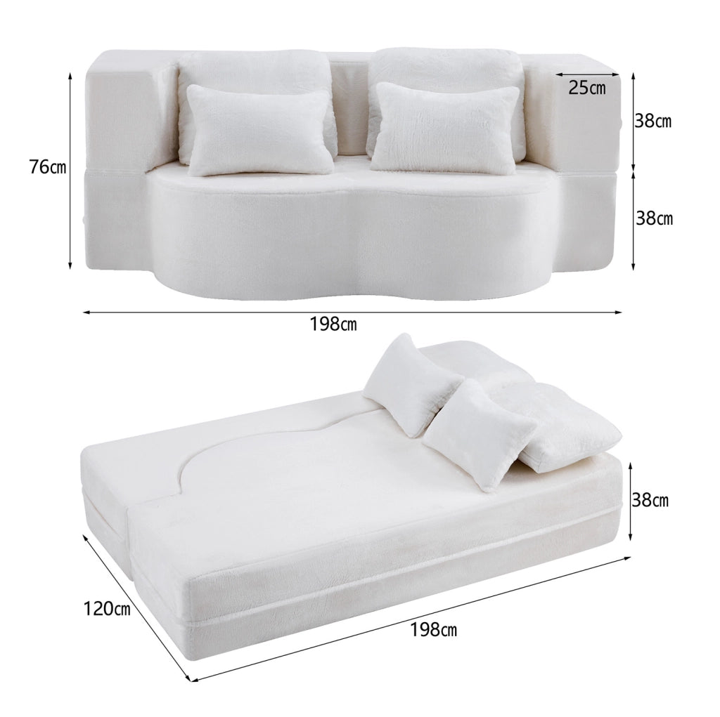 Divano modulare ULEVR pieghevole in bianco con cuscino quadrato, imbottitura in schiuma e molle