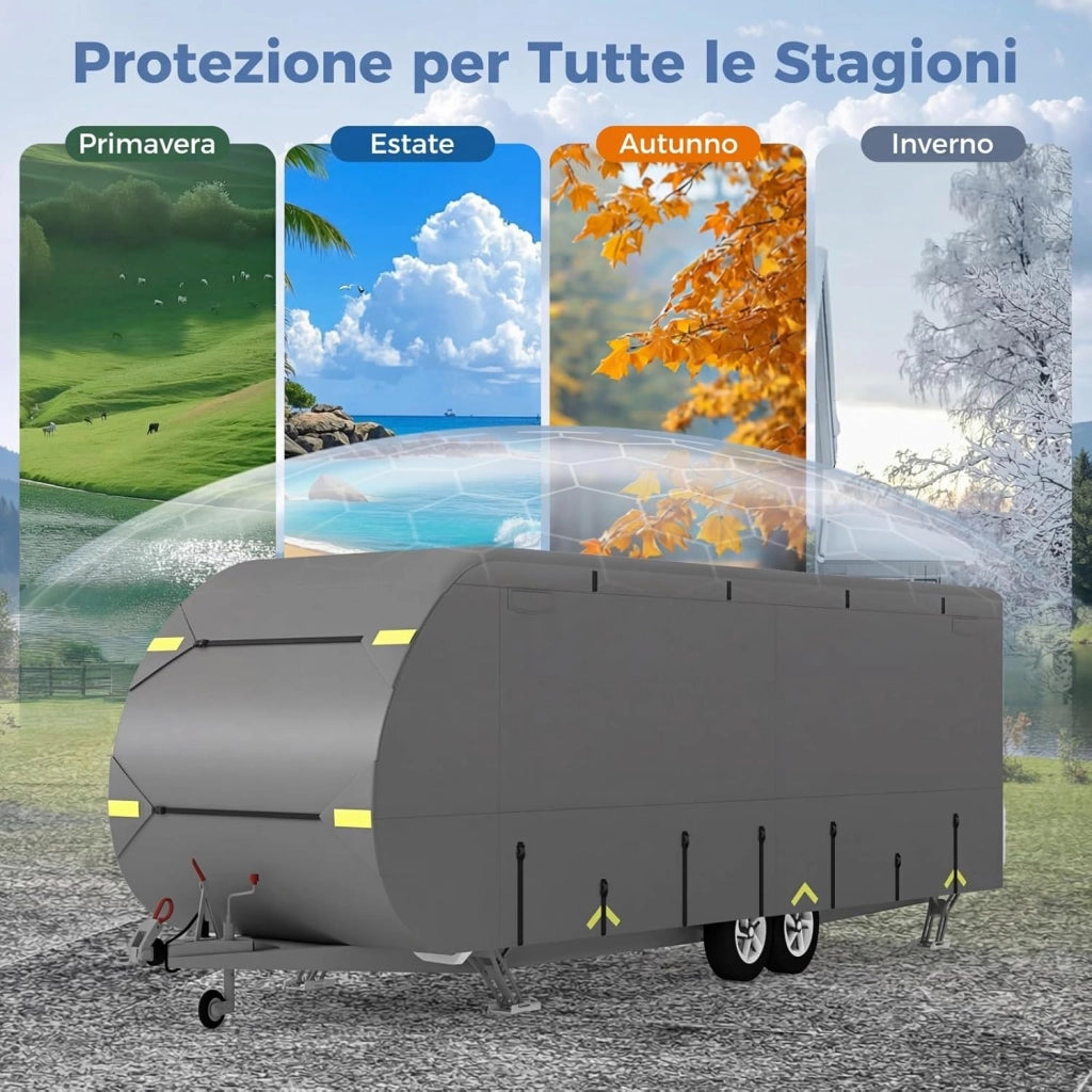 Telo Copri Roulotte, Copertura per Camper in Tessuto non Tessuto, con Cinghie, Toppe di Riparazione e Borsa da Trasporto, Impermeabile e Antivento (493 x 260 x 250 cm)