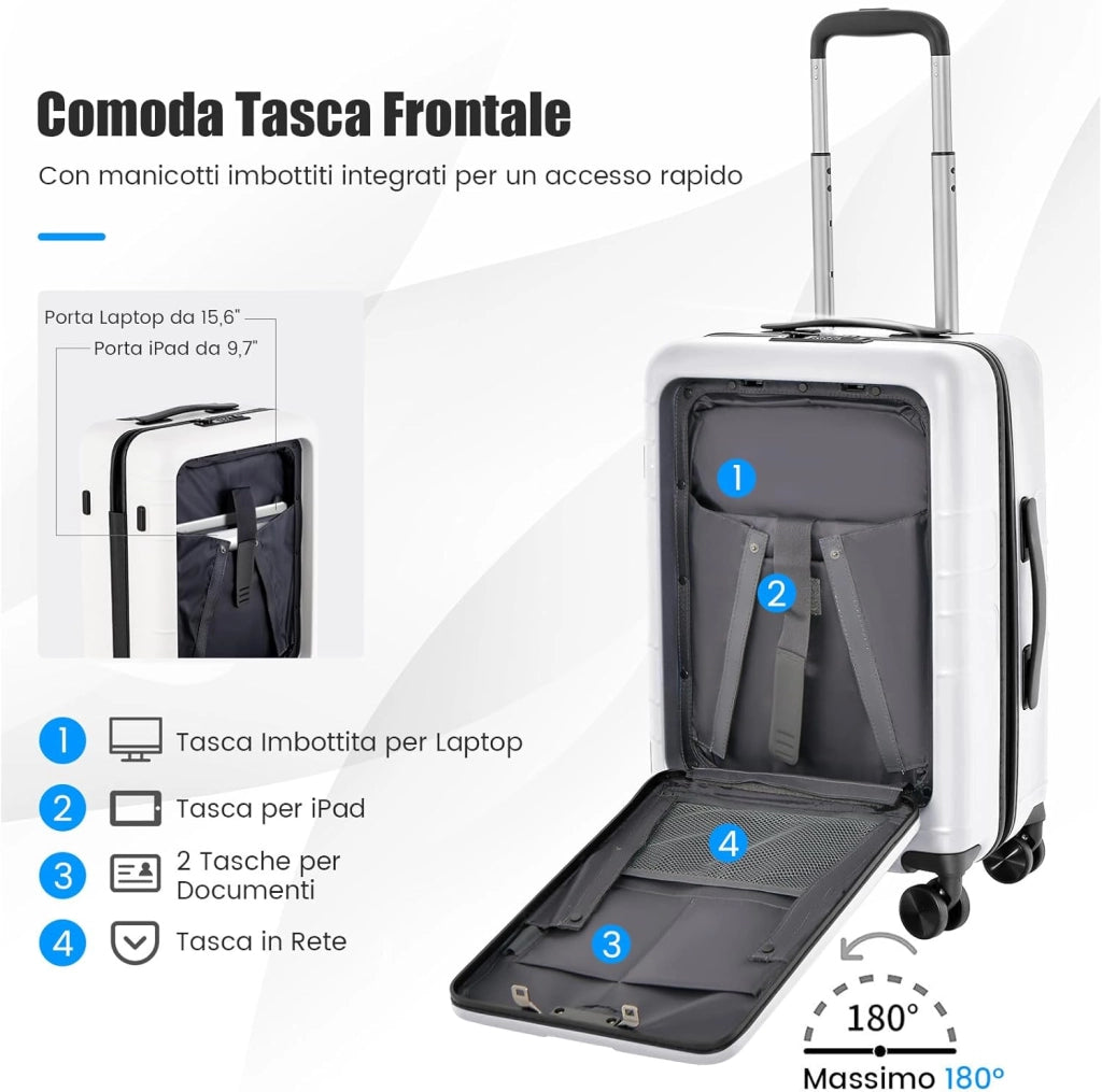 Valigia Bagaglio da 20" con Tasca Frontale, Porta USB, Tavolino Pieghevole, Valigia con Serratura, Ruote Girevoli, Manico Regolabile, Trolley Valigia Rigida Bagaglio da Viaggio (Bianco)
