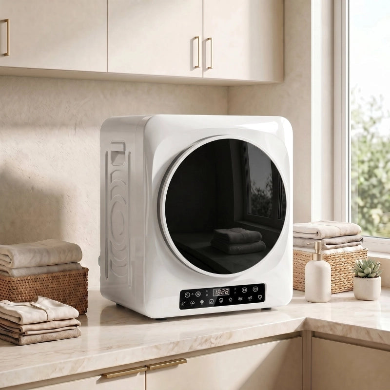 Asciugatrice compatta a ventilazione da 1000 W con modalit¨¤ extra dry ed ECO, timer e impostazioni di temperatura, bianca