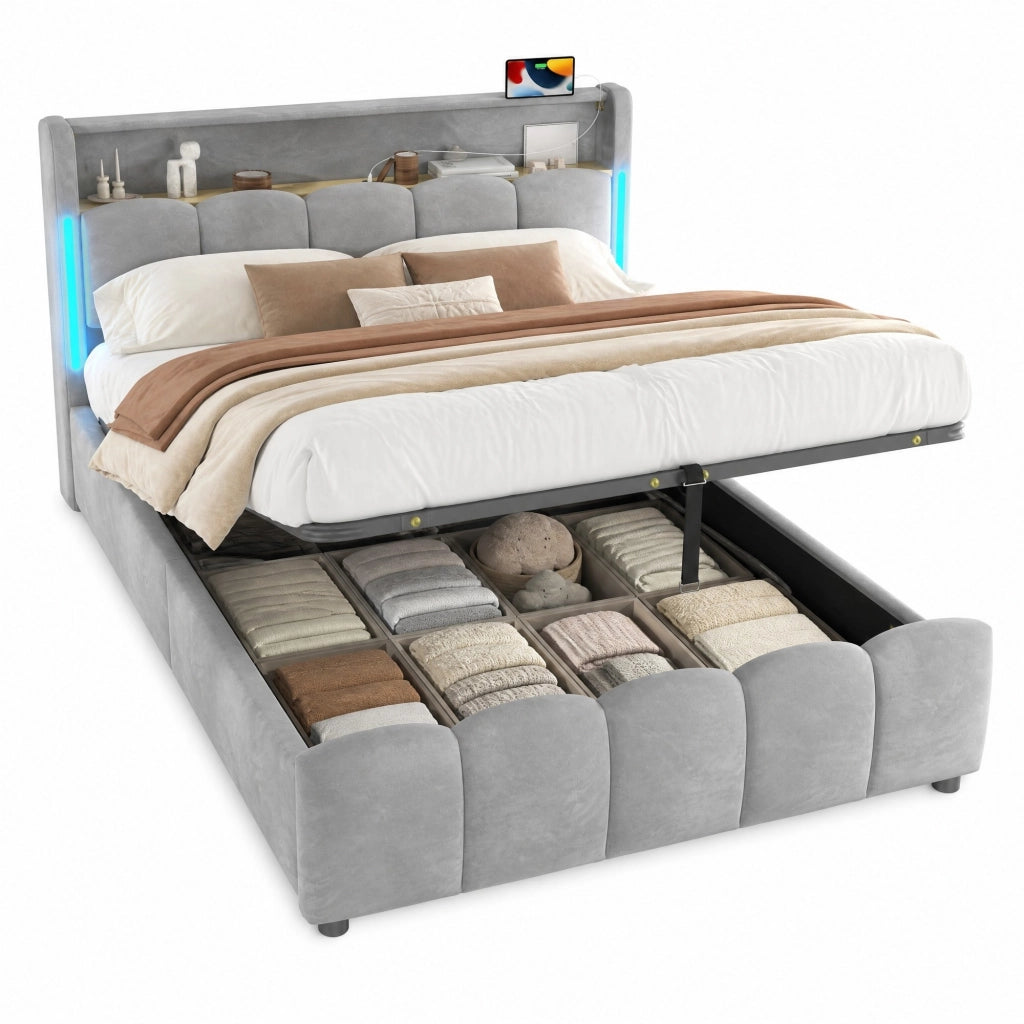 Letto imbottito ULEVR 140x200 cm con contenitore idraulico, LED, USB e Type-C, velluto grigio