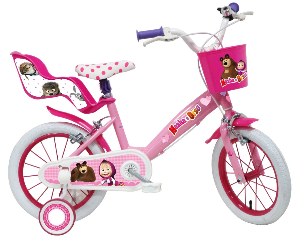 Bicicletta per Bambine 14" Masha e Orso Freni Caliper e Stabilizzatori in Acciaio Hi-Ten Rosa