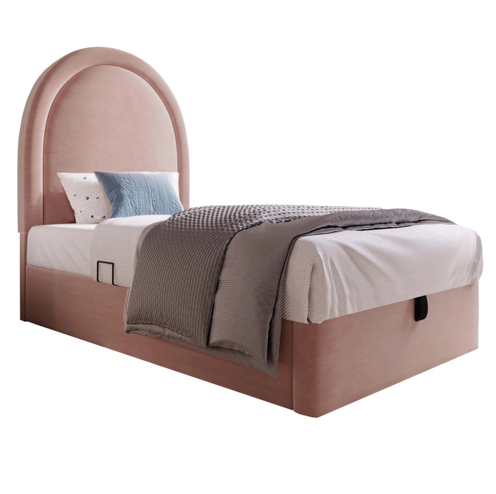 Letto imbottito singolo 90x190 cm in velluto rosa con contenitore e rete sollevabile