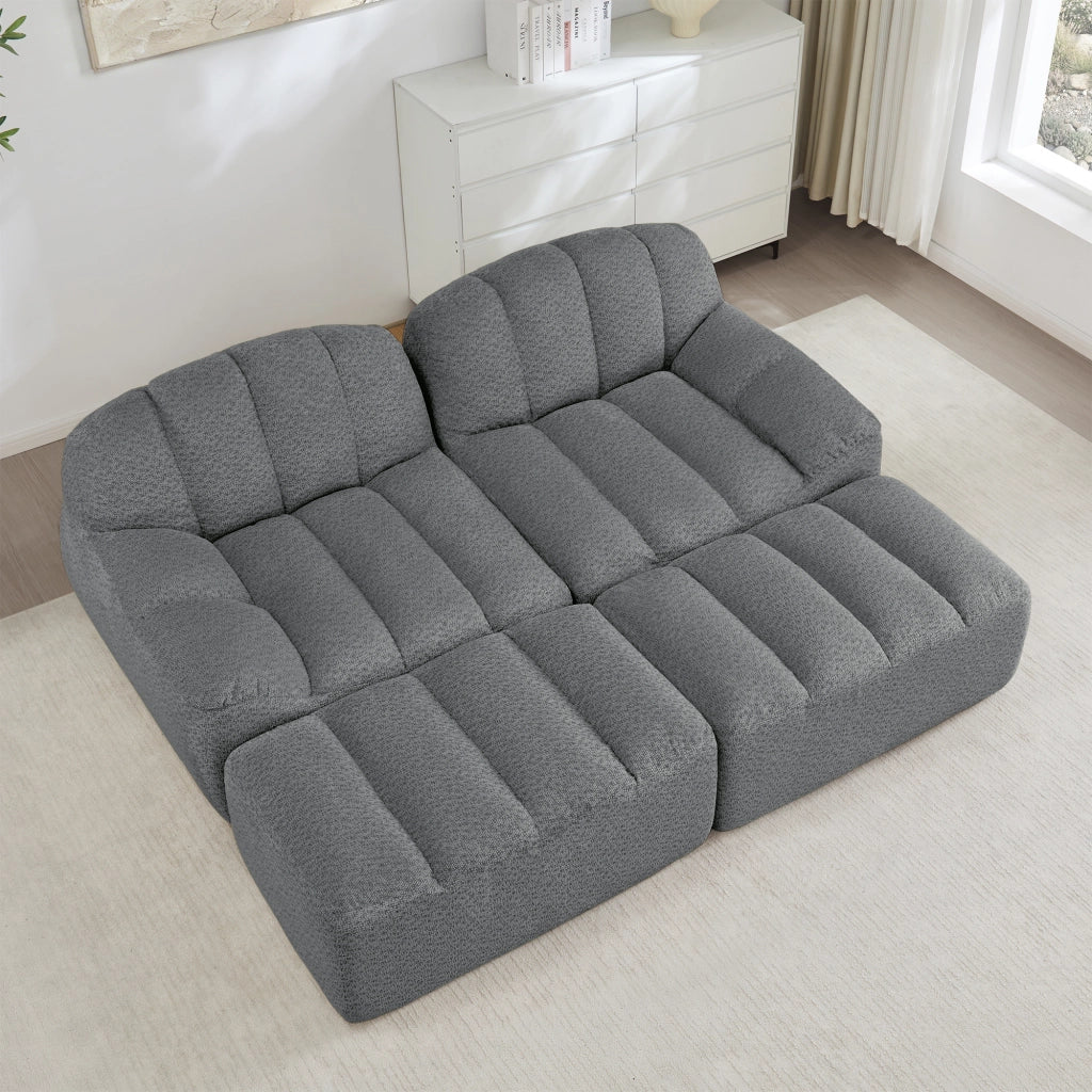 Divano modulare a 2 posti con pouf, schiuma ad alta densità e tessuto granulato grigio 210 × 165 × 79 cm