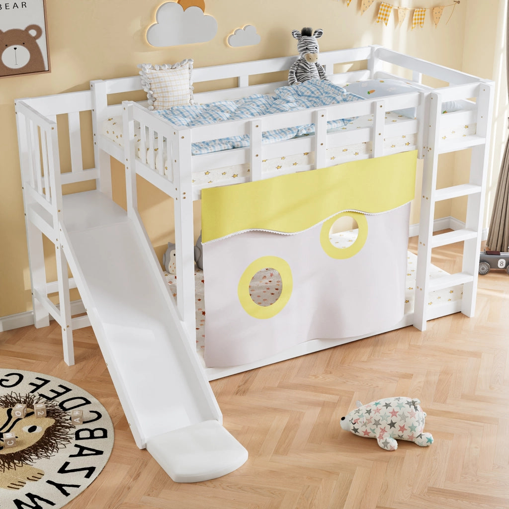 Letto a Castello 90x200 cm - con Scala; Scivolo e Tende - in Legno - Bianco