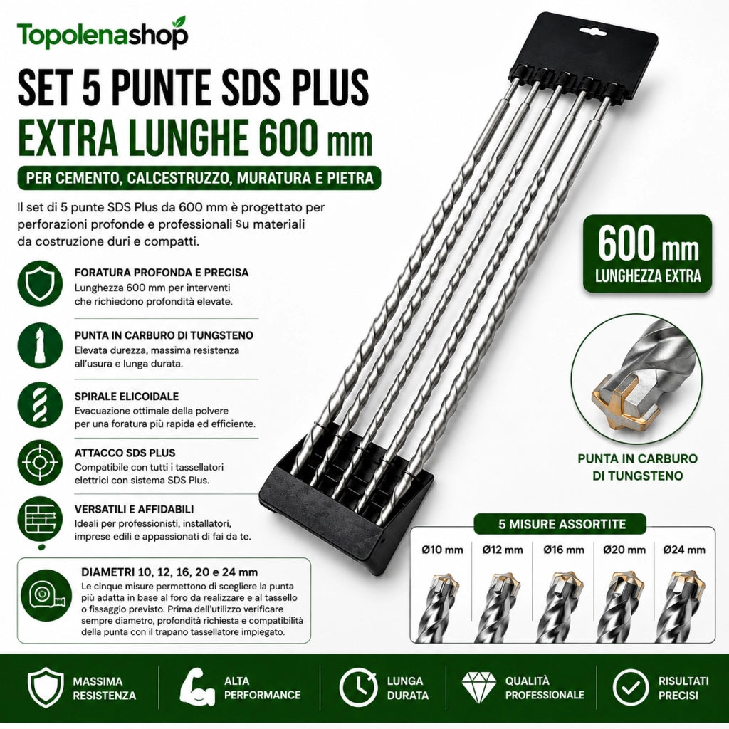 5 Punte SDS Plus 600 mm 10 12 16 20 24 mm per Cemento e Pietra