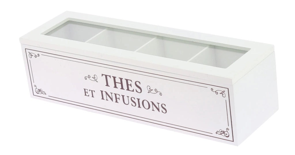 SCATOLA PER TÈ RETTANGOLARE, BIANCO, 4 SCOMPARTI 33X10X9 CM