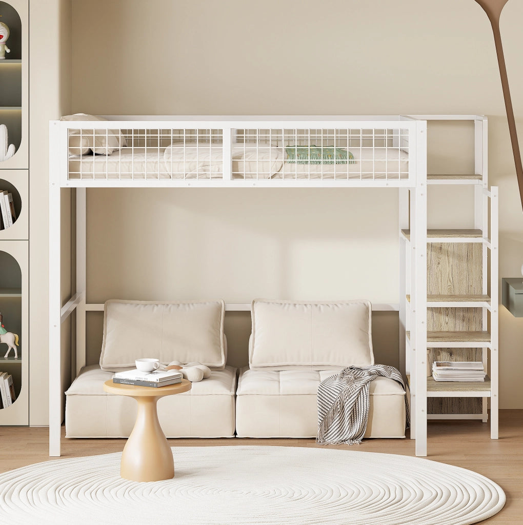 Letto a castello con scala e armadio integrato 140x200 cm; in metallo bianco