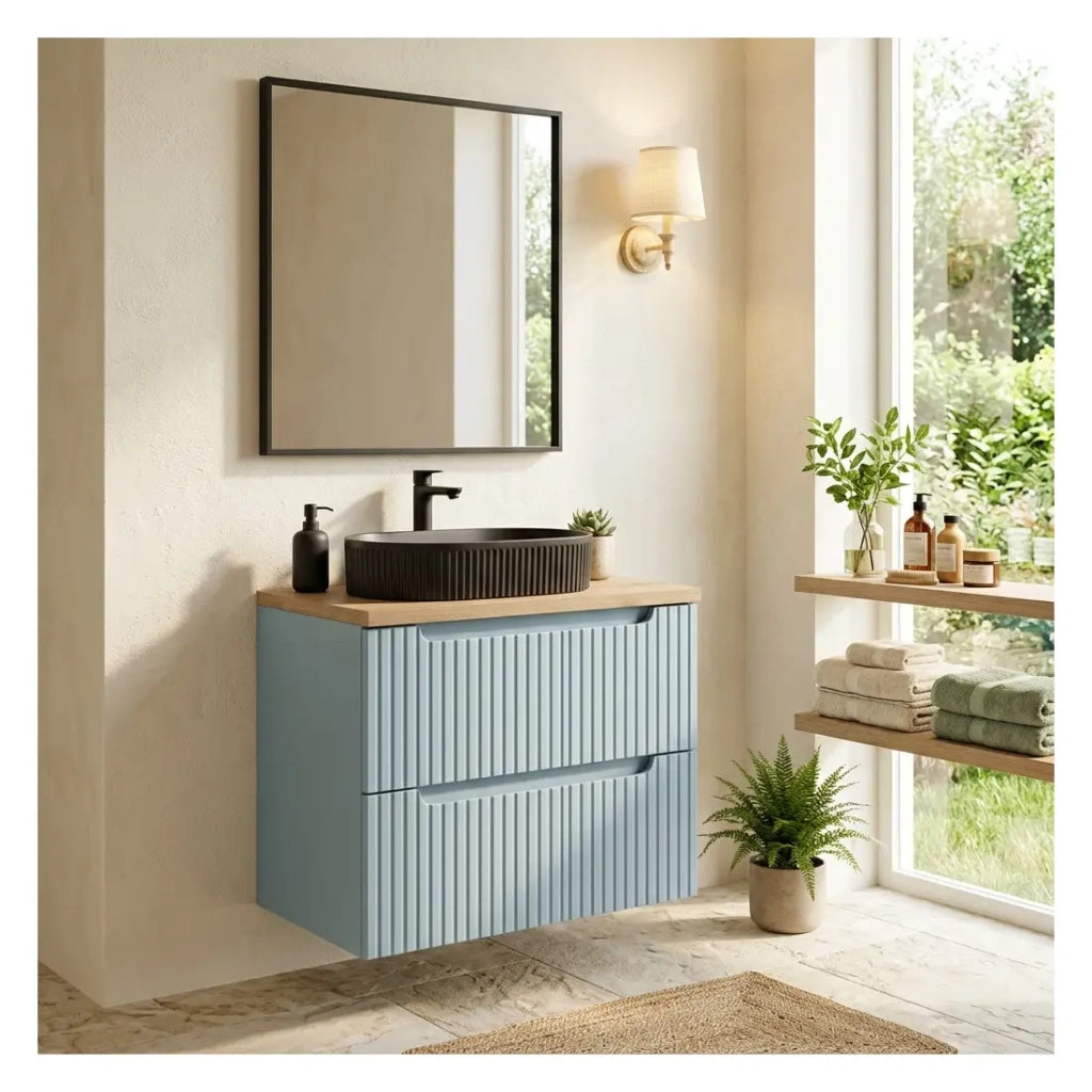 Insieme VANO blu denim e rovere chiaro 60cm: mobile sottolavabo con cassetti + top per lavabo + lavabo da appoggio nero rigato