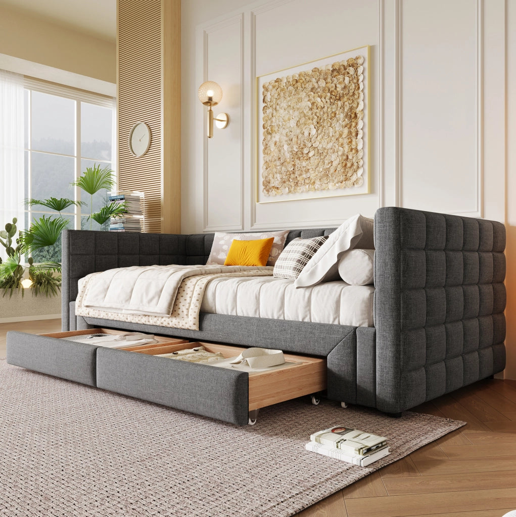 Letto divano 90x200 cm; estraibile con 2 cassetti; velluto; grigio; (Senza materasso)