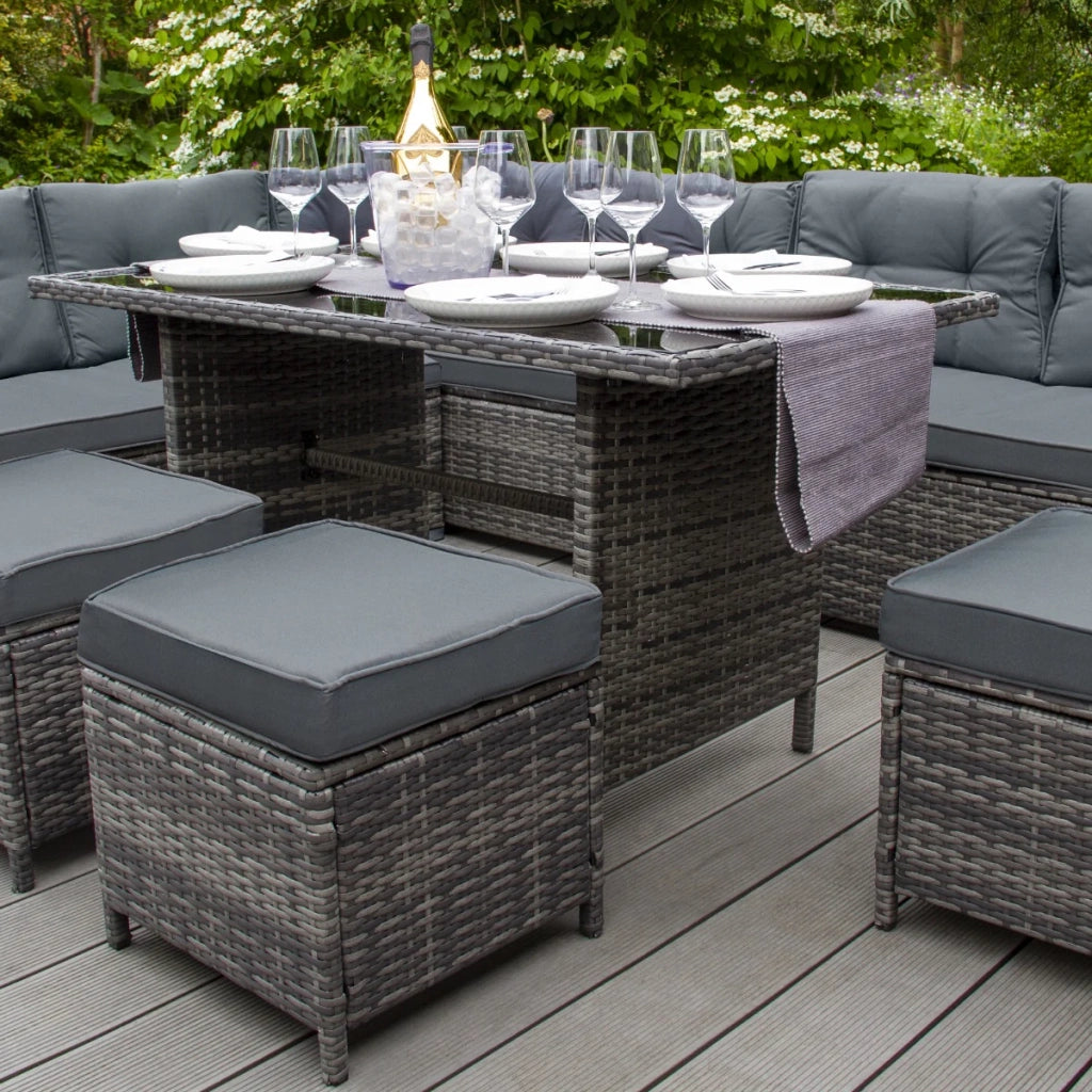Set d'angolo in rattan Mobili da giardino Grigio Divano Sgabelli Tavolo Cuscini impermeabili 9 Posti