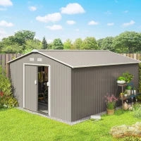 Casetta da Giardino con Porte Scorrevoli e Tetto Inclinato, in Acciaio, 340x386x200 cm, Grigio
