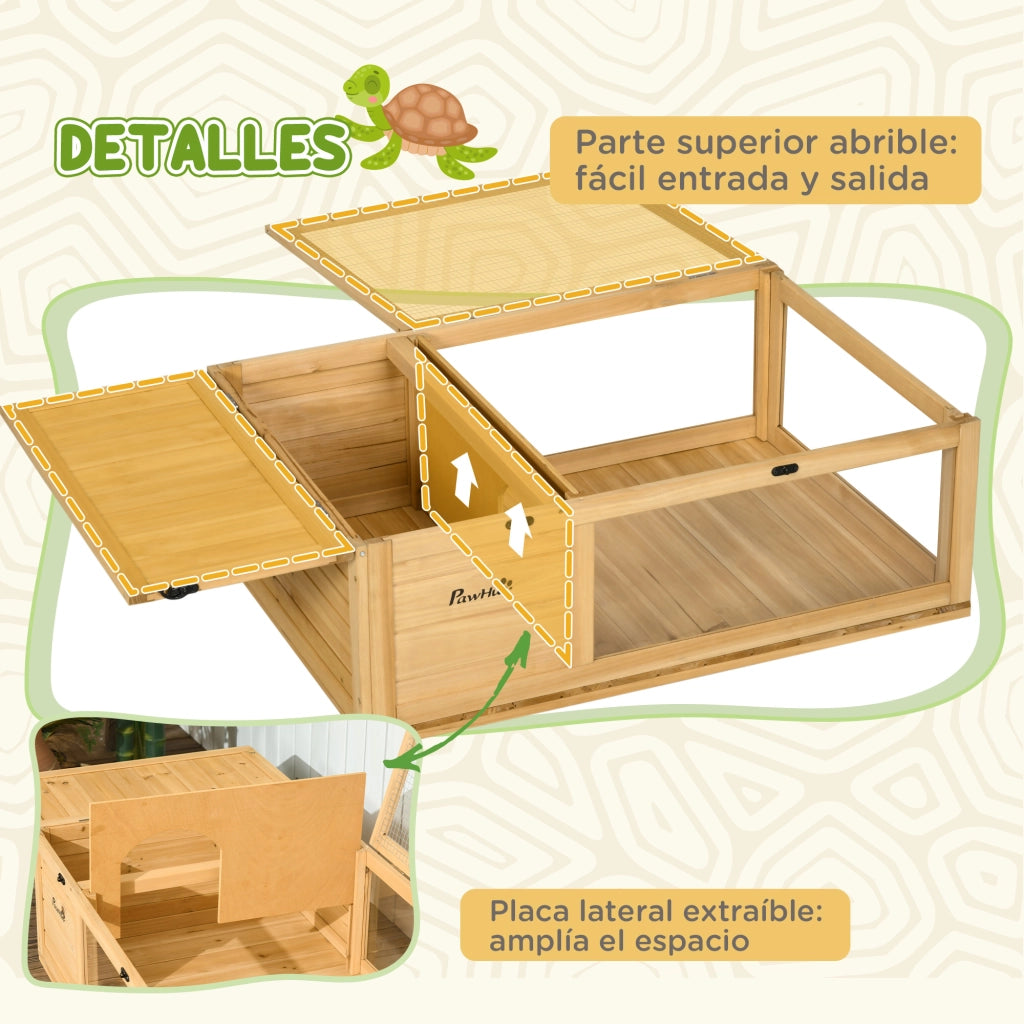 Casetta per Tartarughe in Legno con Tetto a Rete e Pannelli Laterali Trasparenti Estraibili ¨C zephmum ¨C 91x60.5x32 cm Naturale