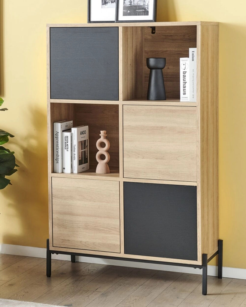 Libreria in legno chiaro e carta MDF grigia 4 armadi 2 scaffali aperti Libreria bassa