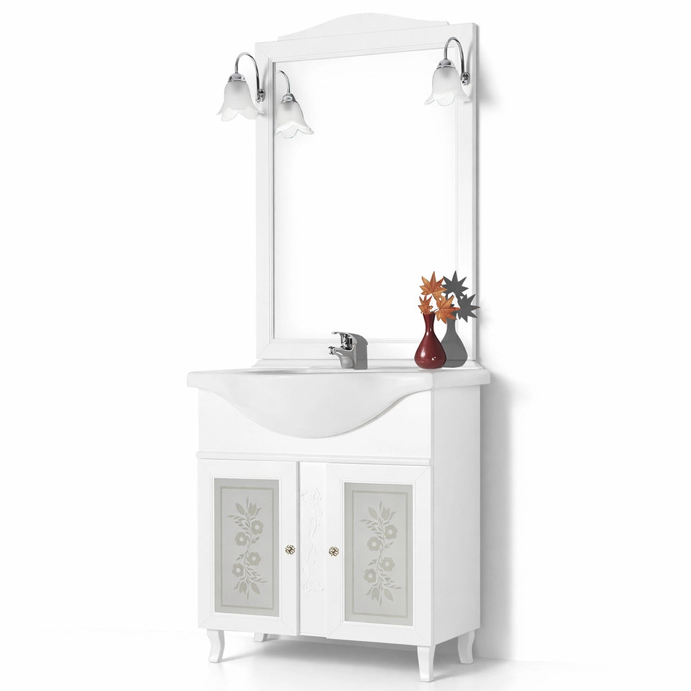 Mobile Da Bagno Bianco Completo Modello Giada Ante Vetro 75cm Legno con Specchio