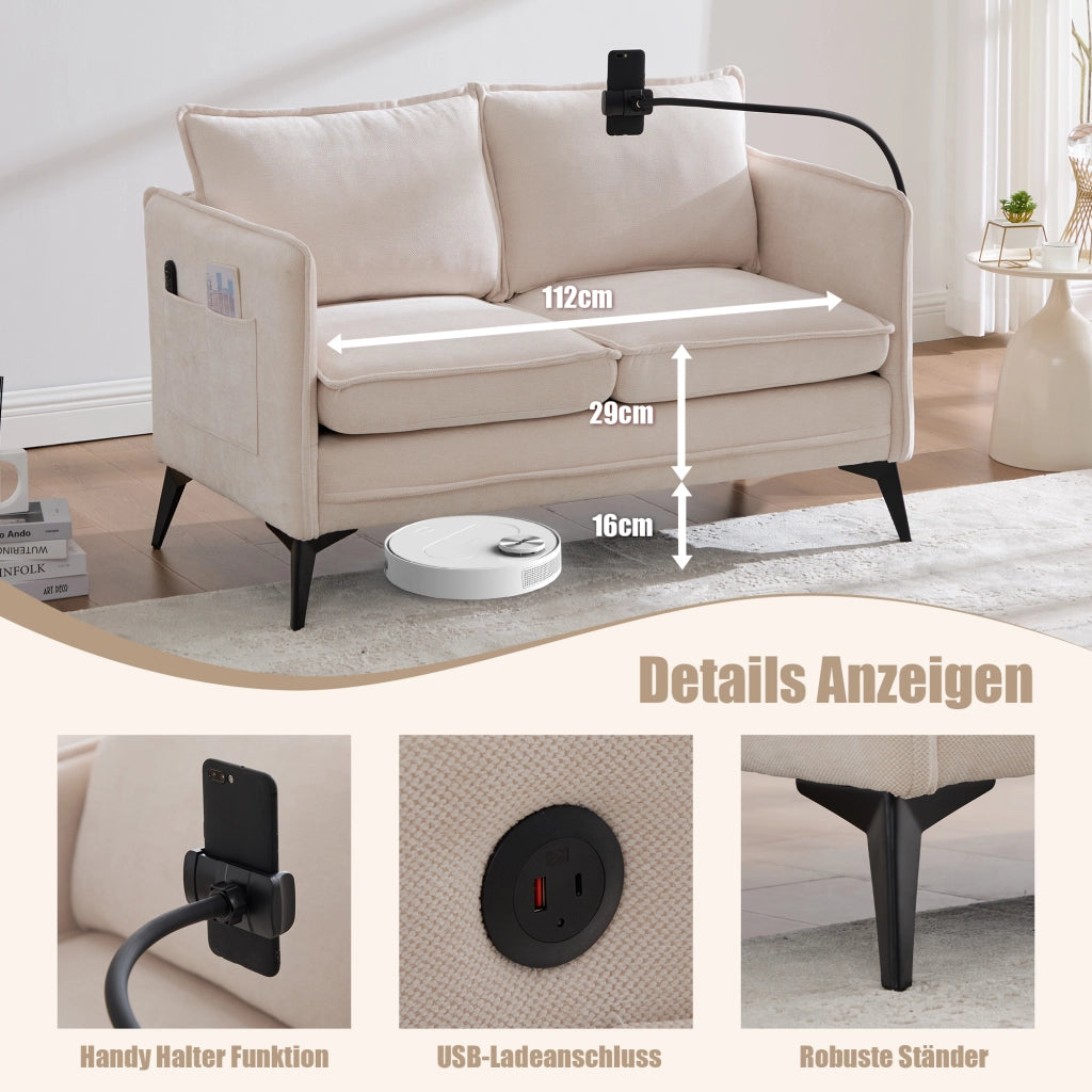 Divano 2 Posti con Tasche Laterali e Supporto per Telefono Regolabile in Ciniglia Beige 127 × 69 × 66 cm