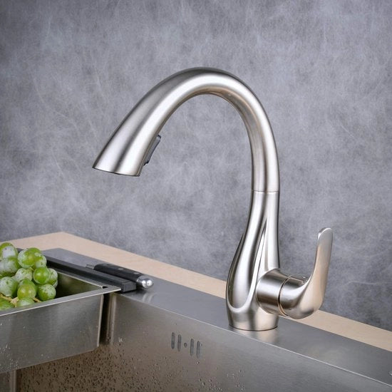 Kraan per cucina con sprogetto estensibile a doppia punta, 360° girante, una manopola per lavabo, disponibilità di acqua calda e fredda, finitura a nastro di nichel, BLSS1749N