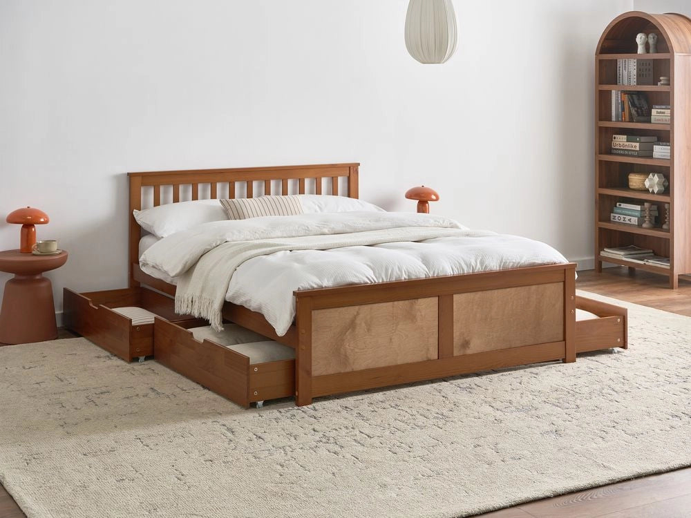 Letto matrimoniale in legno di pino e MDF 140 x 200 cm con contenitore a 4 cassetti marrone stile minimalista