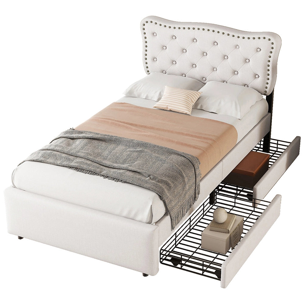 Letto imbottito con testata imbottita rivetti decorativi e due cassetti - Xylo - 90x200 cm - Beige