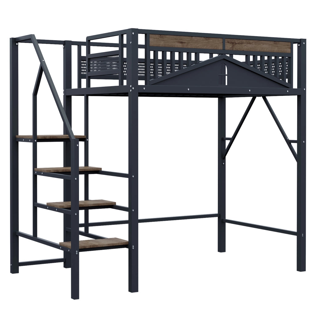 OKWISH Letto a soppalco 140×200 cm, Letto Matrimoniale con Scala di Sicurezza, Spazio Contenitore sotto la Scala e Sponda a Finestra, senza Materasso, Nero