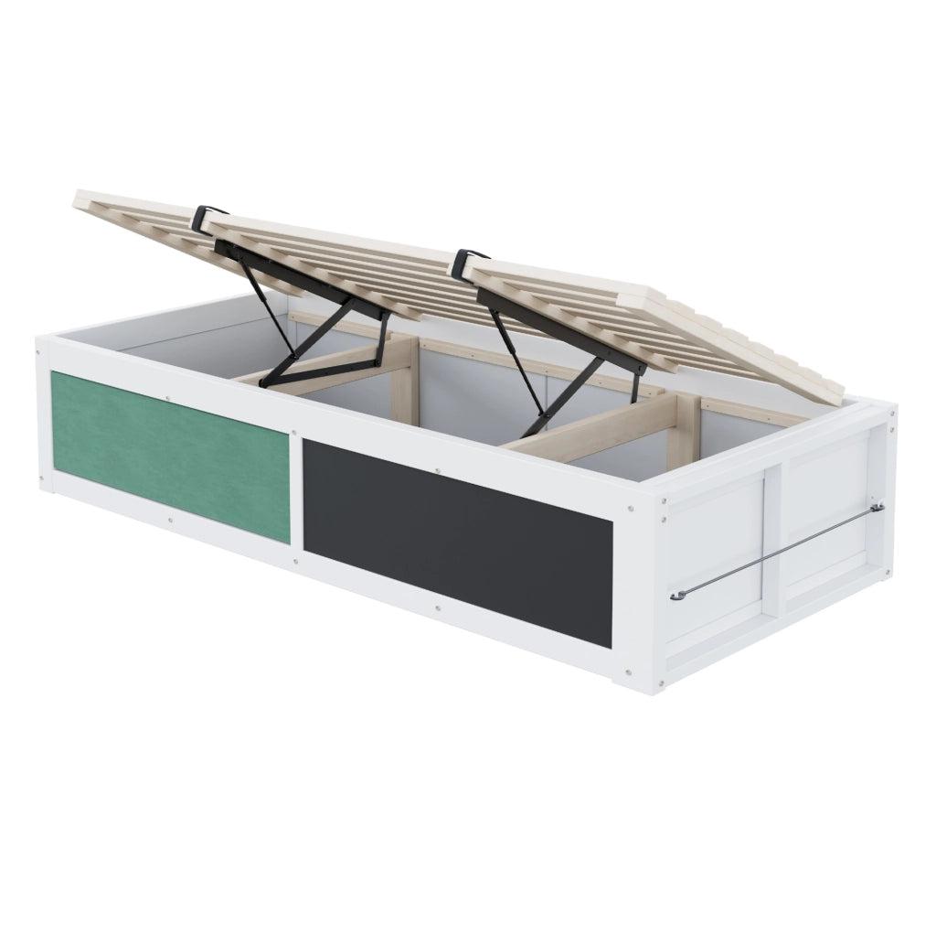 Letto per bambini 90x200 cm con contenitore idraulico; lavagna e pannello in feltro bianco