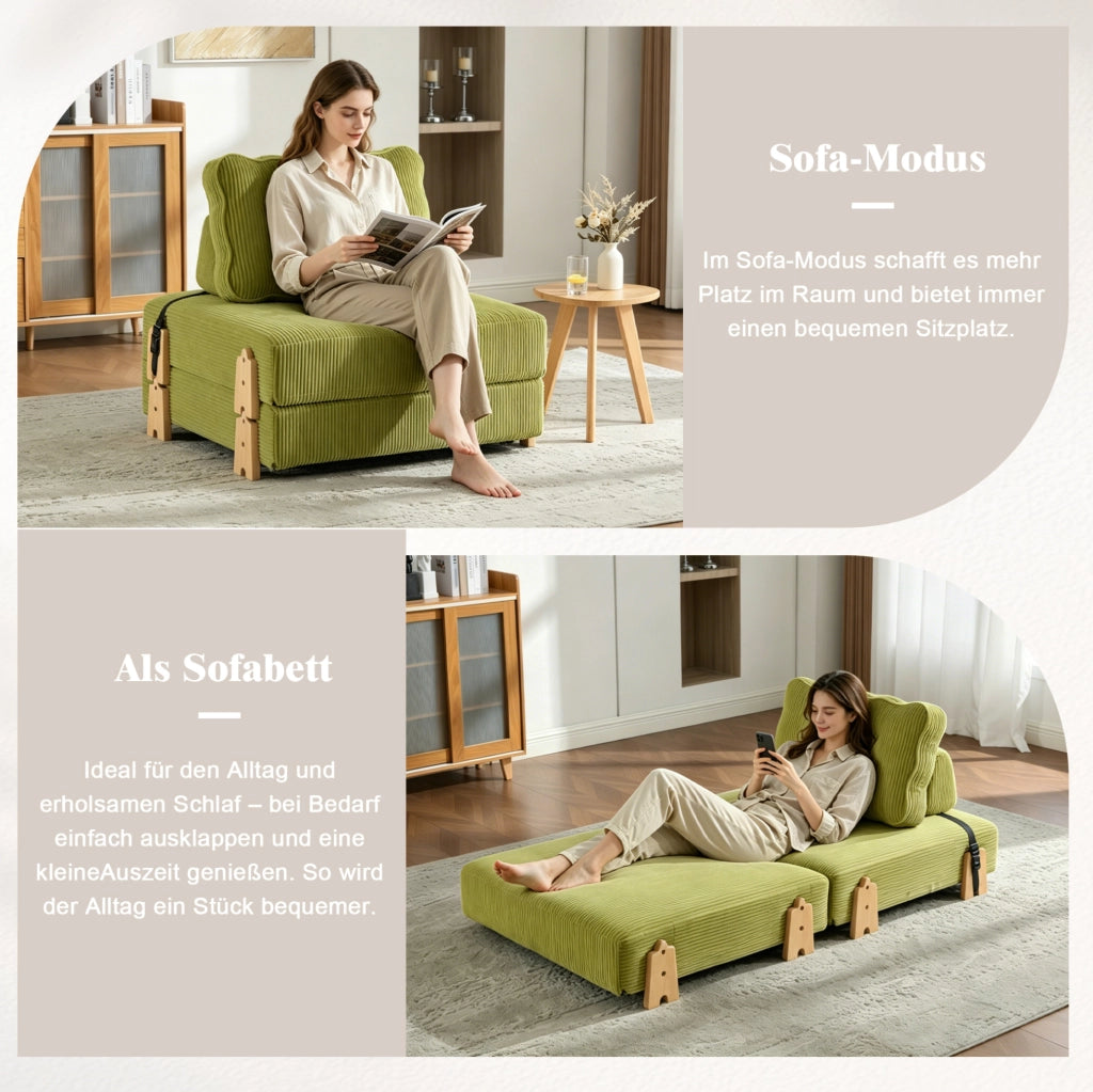 Poltrona letto pieghevole convertibile in corda verde oliva; 90x86x84 cm; gambe in legno