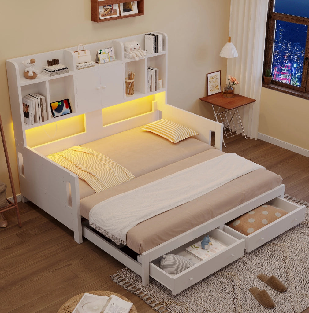 Divano letto estraibile 90x190 cm con LED e prese, bianco