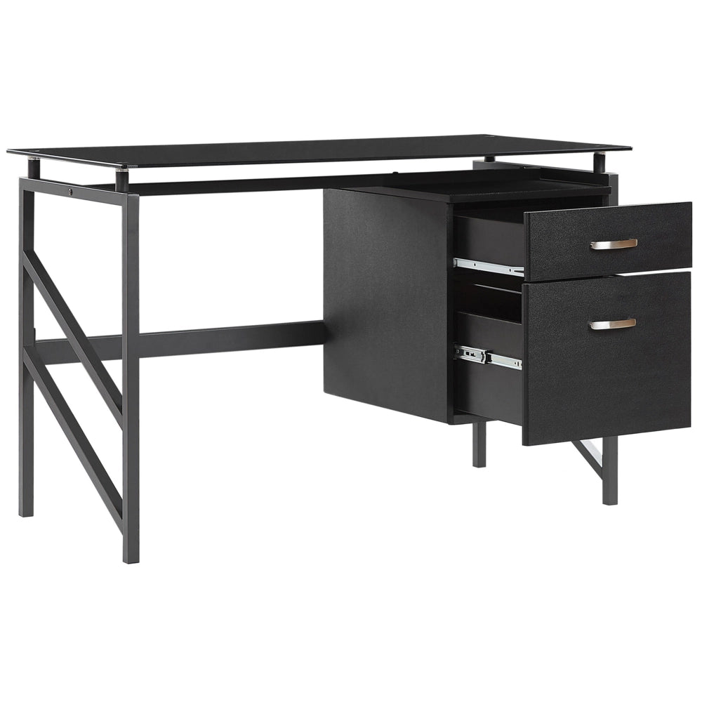 Scrivania Home Office Struttura in metallo Nero Piano in vetro temperato 117 x 57 cm Cassetti portaoggetti Design industriale moderno