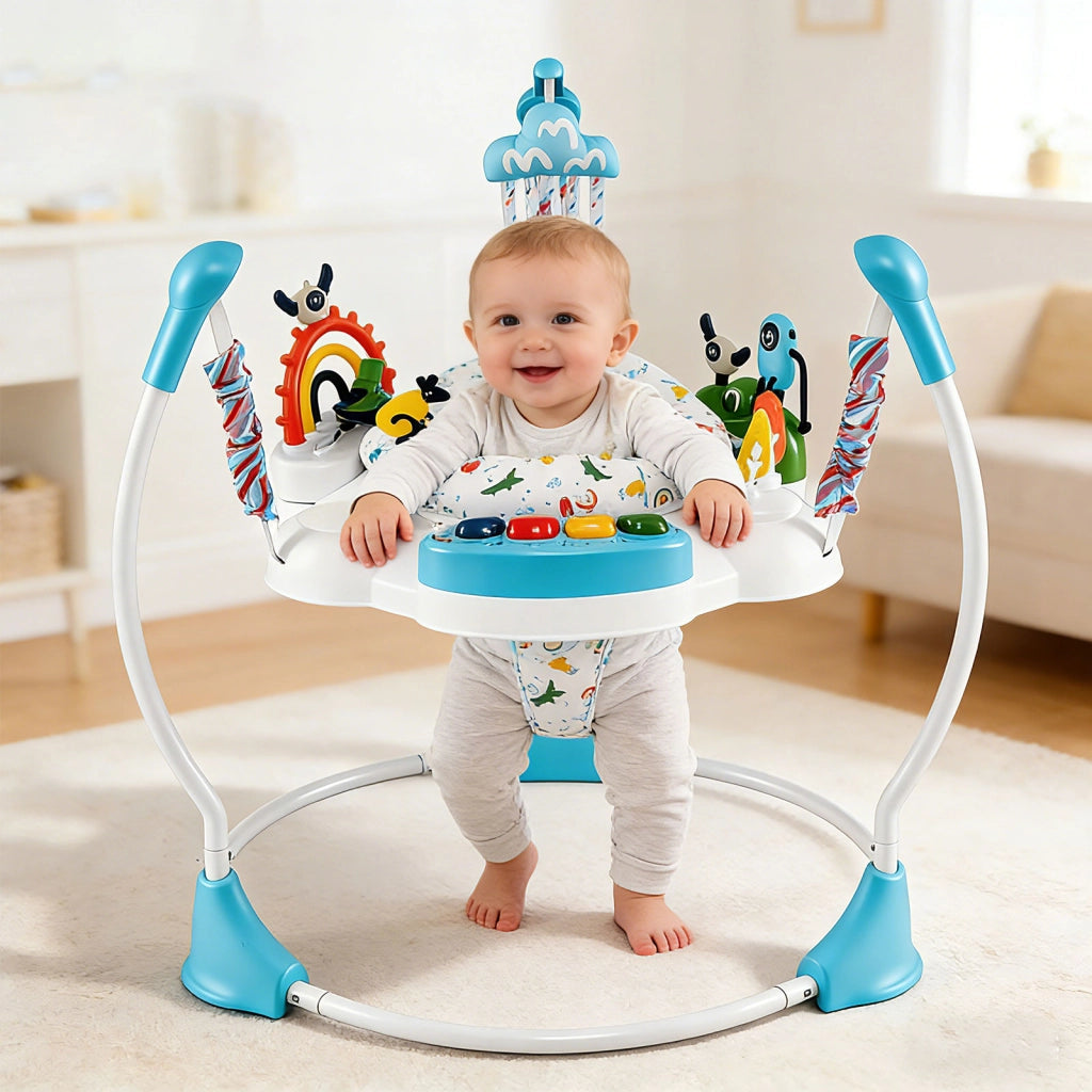 Centro attività bambini jumperoo 6 giocattoli interattivi luci musica-Centro attività altezza regolabile tavolo 360° neonati 6 mesi+ Blu