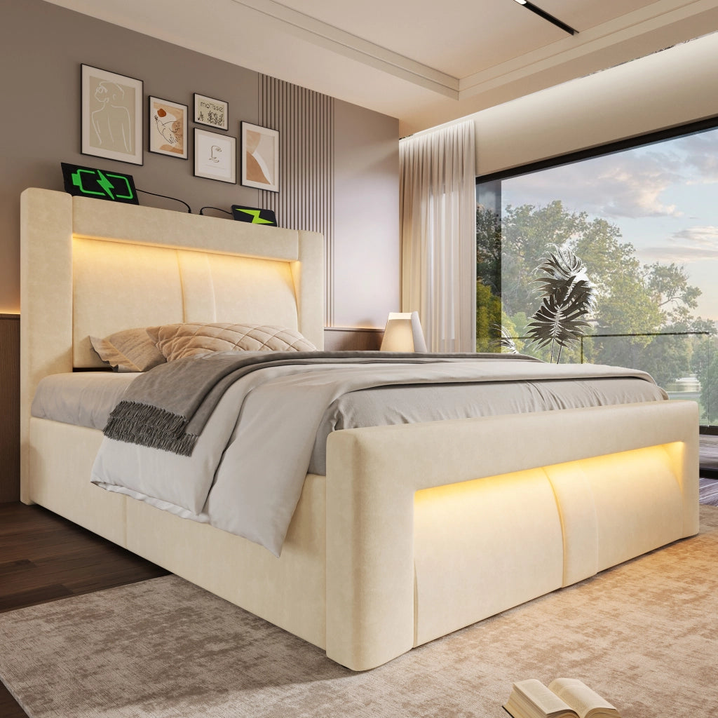 LETTO Singolo 90x200 cm in velluto beige con LED e porte USB/Type-C