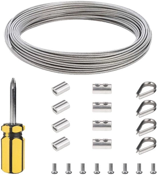Cavo in acciaio 2 mm x 10 m - Set di cavi in acciaio - Acciaio inossidabile 304 - Orecchioni - Aiuto scalata - 14 pezzi - Cavo in acciaio