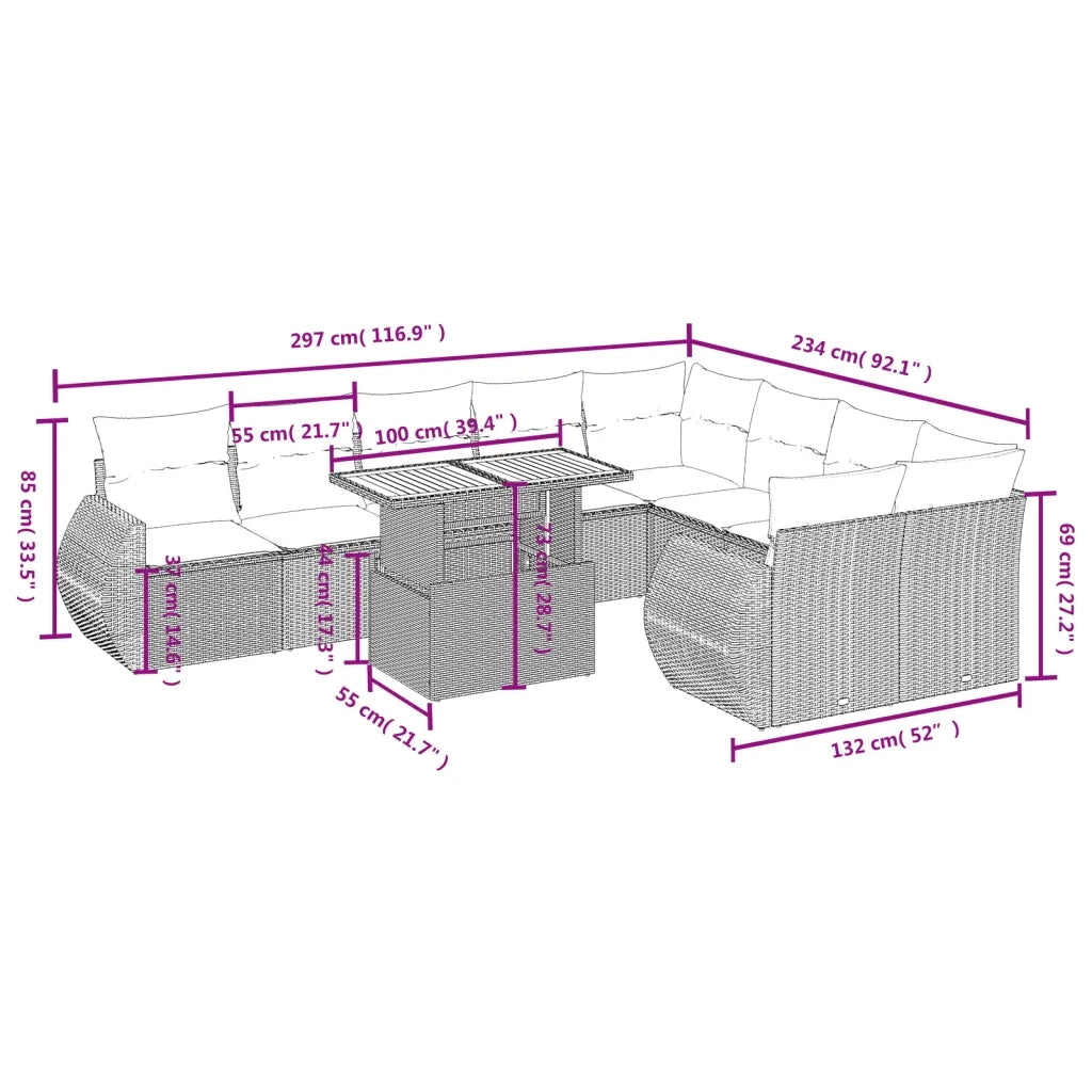 Set Divano da Giardino 10 pz con Cuscini Beige in Polyrattan