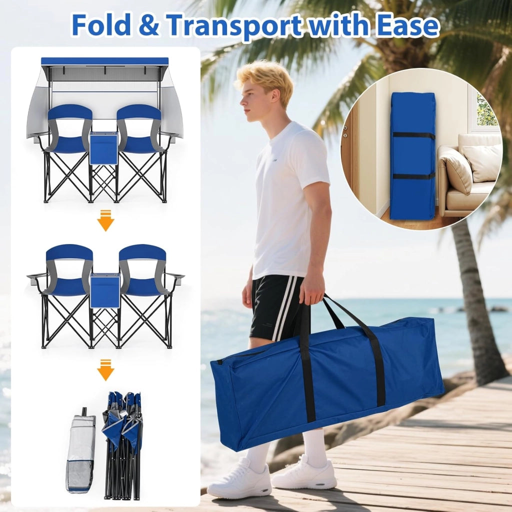 Set di 2 sedie da campeggio pieghevoli con tettuccio parasole, mini tavolo, borsa termica e porta bevande, sedia pieghevole per 2 persone, modello 2 blu scuro