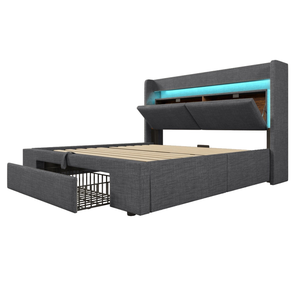 Letto matrimoniale 140x200 cm con contenitore idraulico; LED; prese USB e USB-C; grigio in lino; con materasso